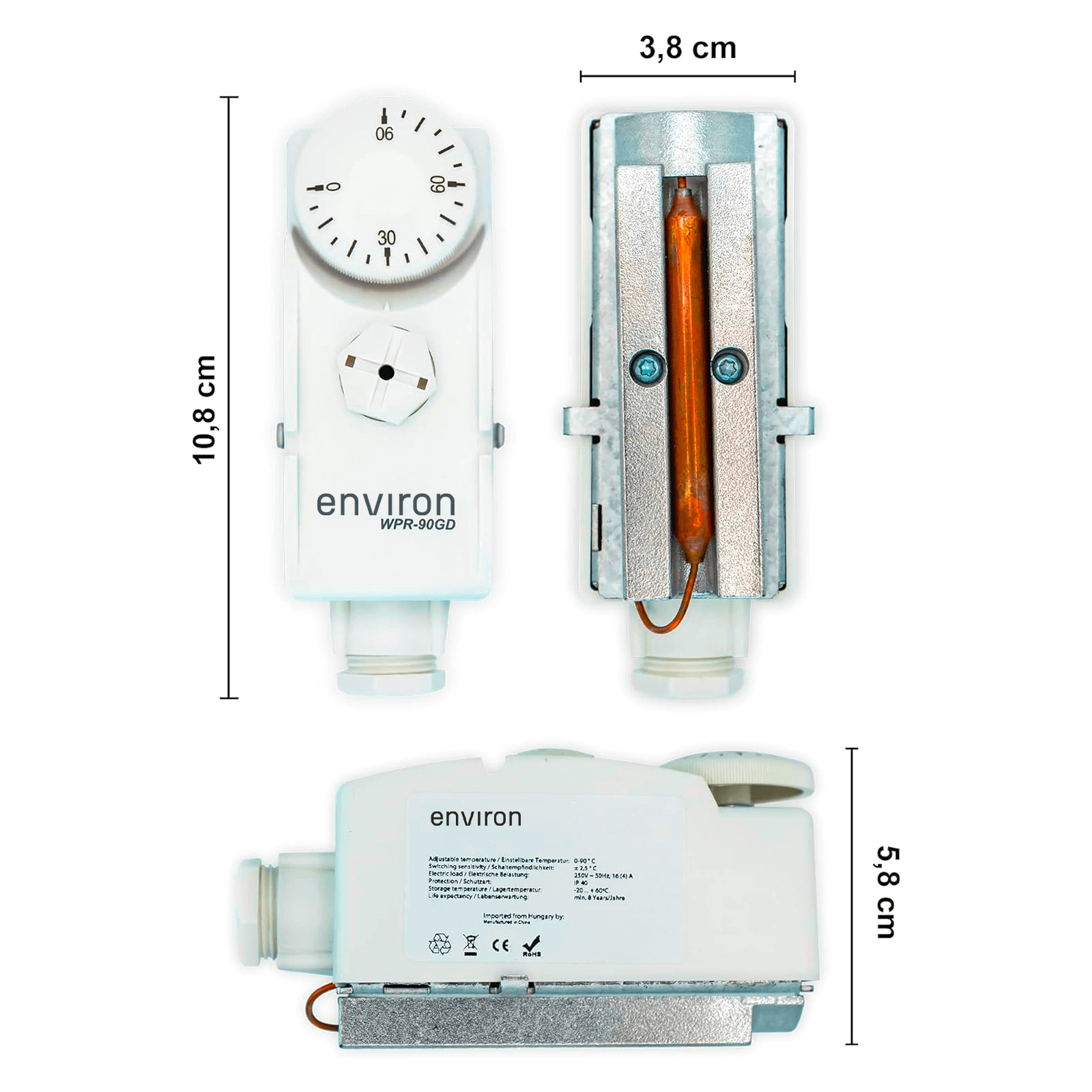 Anlegethermostat Regelbereich 0-90°C mit Spannfeder