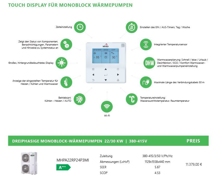 A+++ Wärmepumpe MHPA22RP24P3MI Monoblock 22 kW, gas R32, 380V + BAFA Förderung