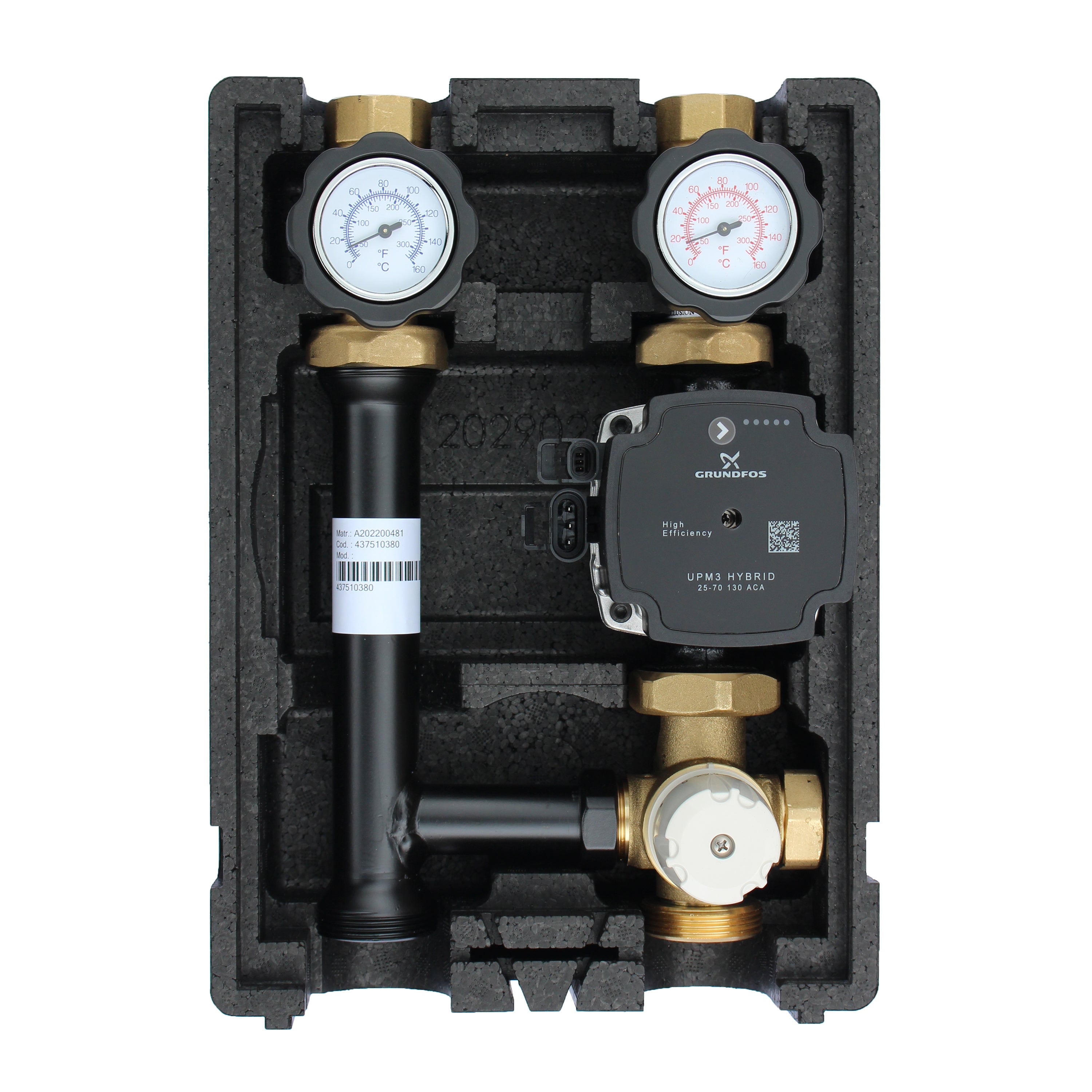 EcoMix EN004 Heizkreispumpengruppe mit Drei-Wege-Mischer, Festwertthermostat 25-55°C und Grundfos UPM3 Hybrid 25/7 Hocheffizienzpumpe