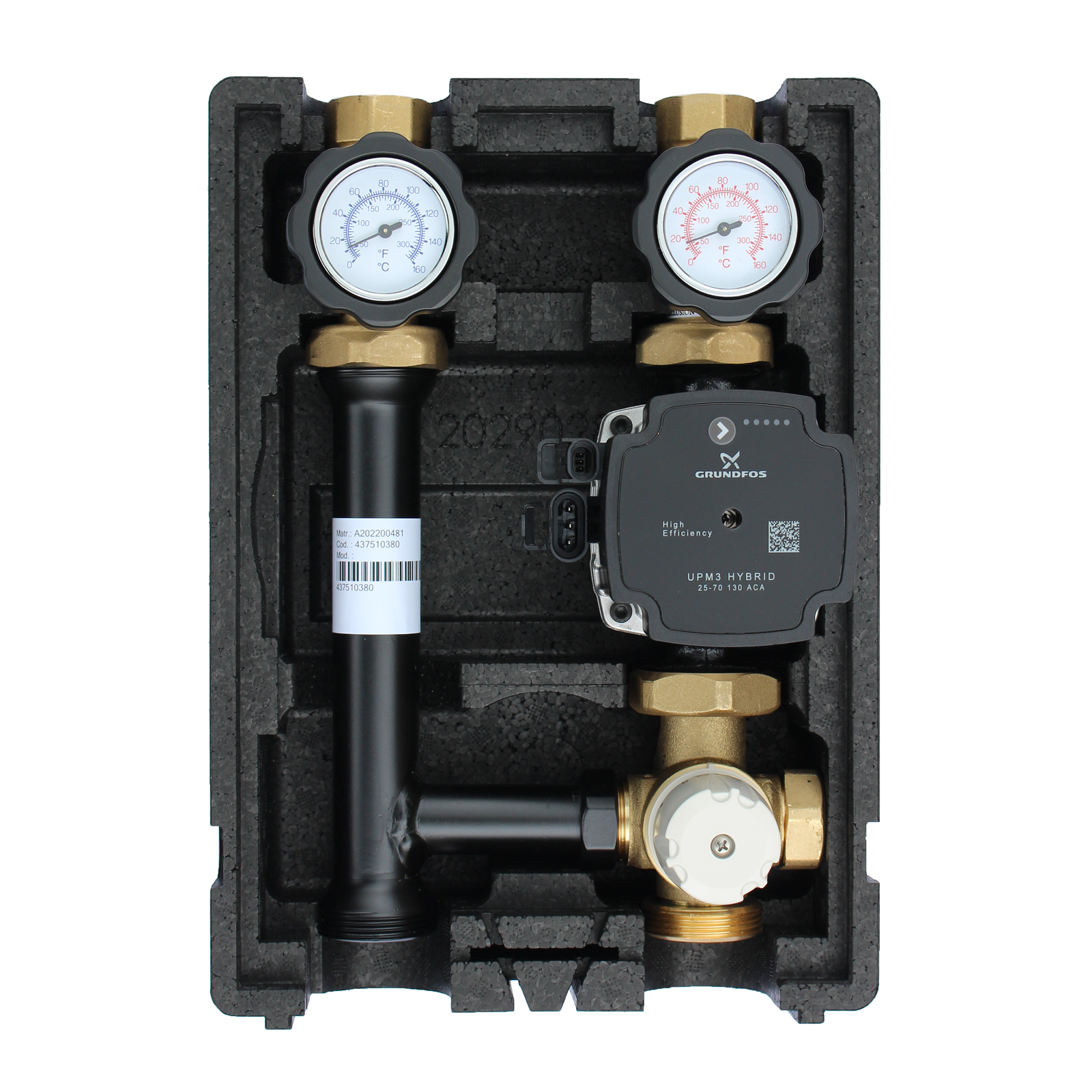 EcoMix EN004 Heizkreispumpengruppe mit Drei-Wege-Mischer, Festwertthermostat 40-70°C und Grundfos UPM3 Hybrid 25/7 Hocheffizienzpumpe