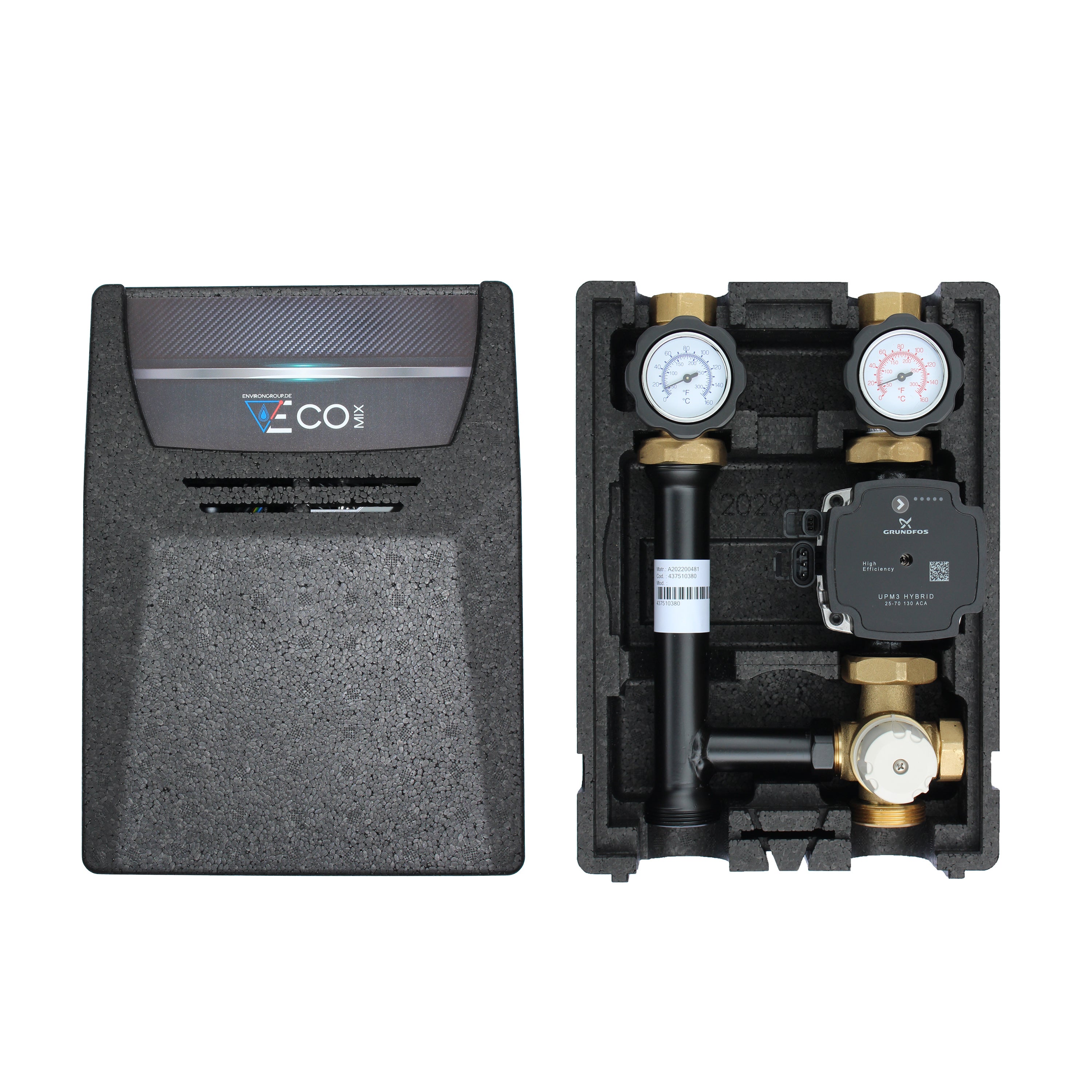 EcoMix EN004 Heizkreispumpengruppe mit Drei-Wege-Mischer, Festwertthermostat 25-55°C und Grundfos UPM3 Hybrid 25/7 Hocheffizienzpumpe