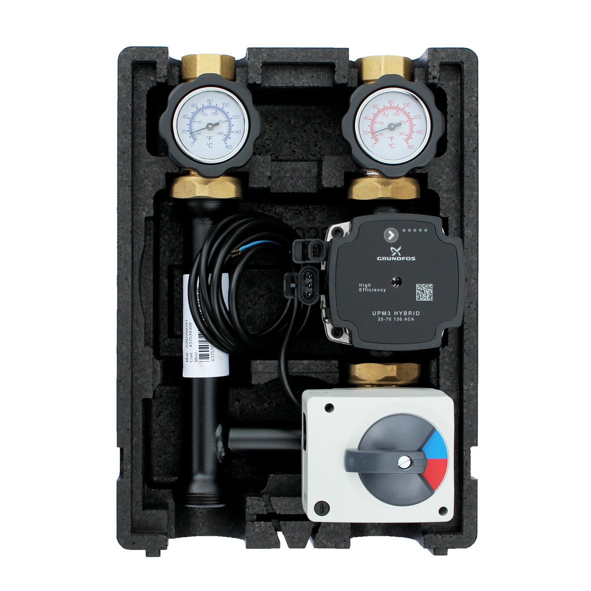 Grupo de bombas de circuito de calefacción EcoMix ENT001 con mezclador de tres vías, actuador Elodrive ST06 y bomba de alta eficiencia Grundfos UPM3 Hybrid 25/7