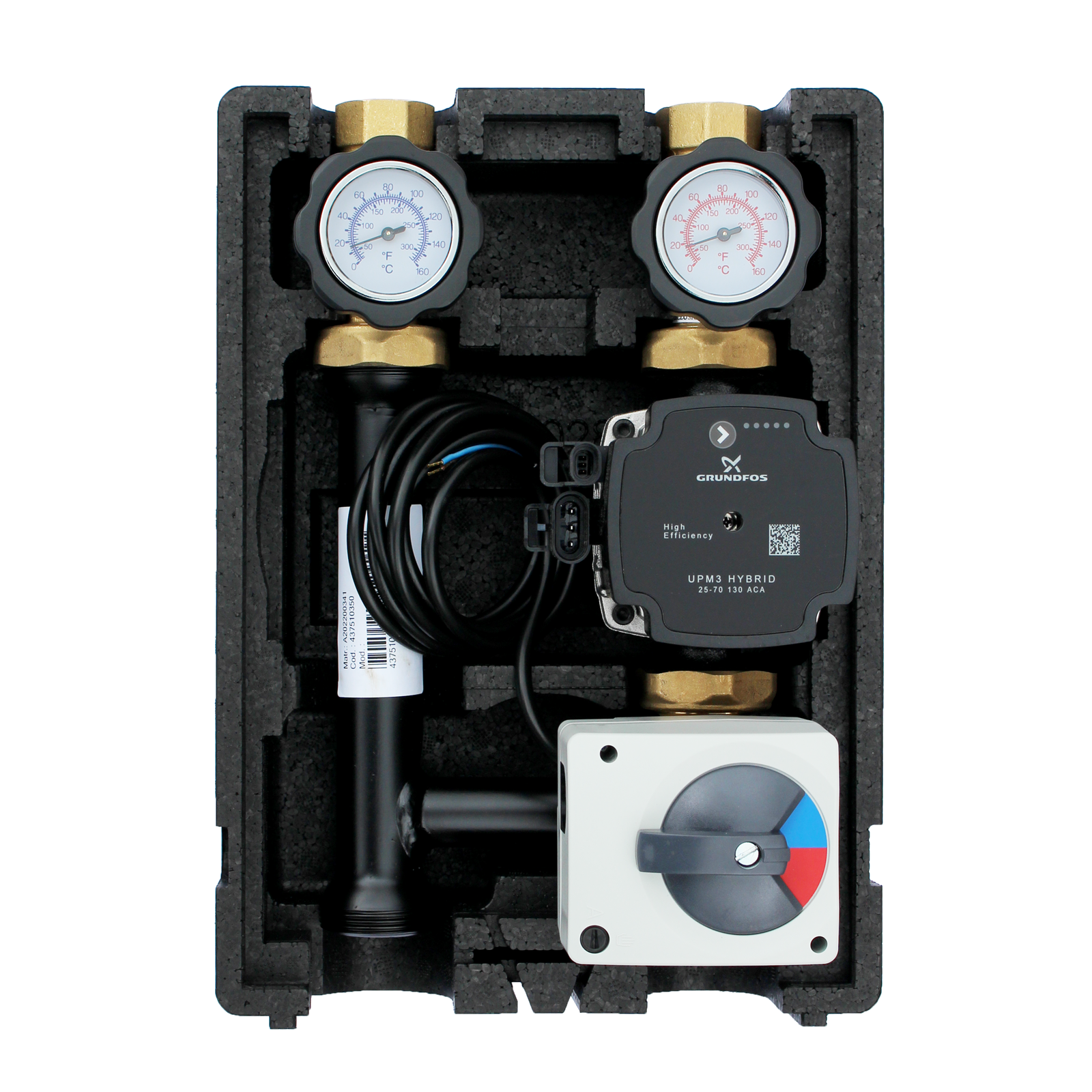 EcoMix ENT001 Heizkreispumpengruppe mit Drei-Wege-Mischer, Elodrive ST06 Stellmotor und Grundfos UPM3 Hybrid 25/7 Hocheffizienzpumpe