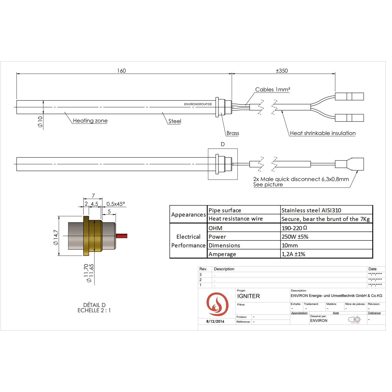 Zündelement Edelstahl Ø10mm x 160mm / 280W / 230V Glühzünder