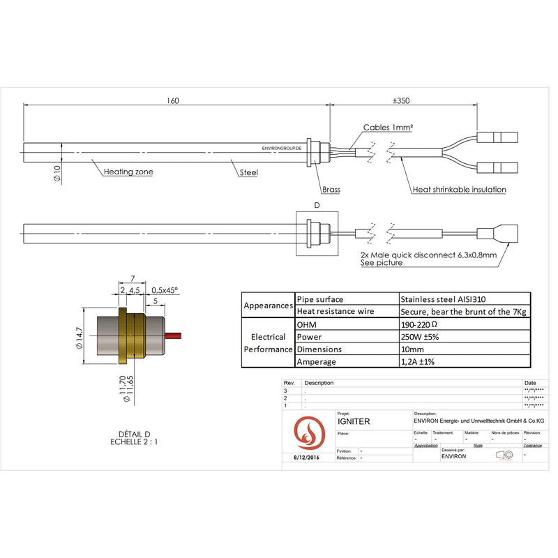 Zündelement Edelstahl Ø10mm x 160mm / 280W / 230V Glühzünder