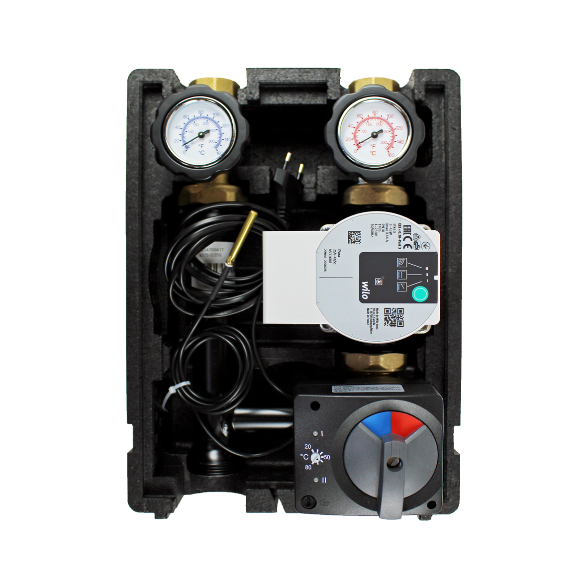 Grupo de bombas para circuito de calefacción EcoMix con mezclador de tres vías, actuador eléctrico ELODRIVE con regulación integrada 20-80°C y bomba de alta eficiencia Wilo Para 25/6