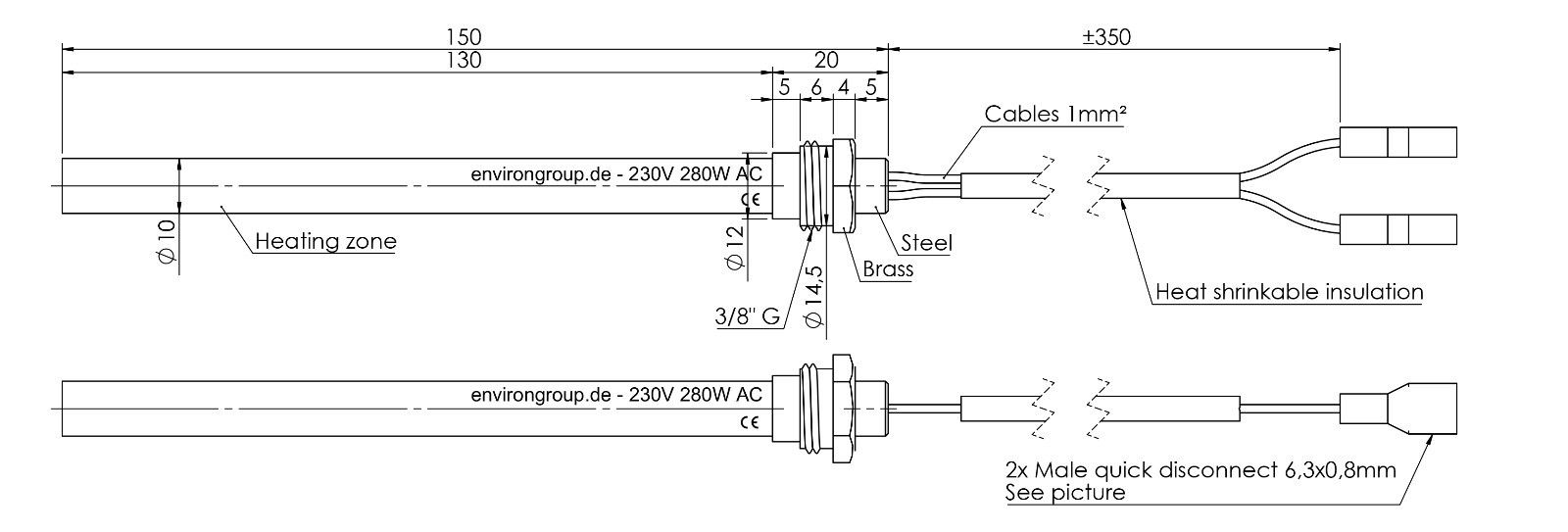 Zündelement Edelstahl Ø10mm x 150mm / 280W / 230V Glühzünder