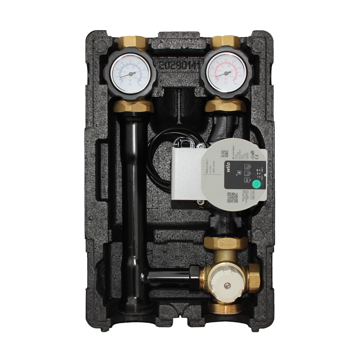Groupe de pompes de circuit de chauffage ProfiMix avec mélangeur à trois voies, thermostat à valeur fixe 25-55°C et pompe à haut rendement Wilo Para STG 25/8.75