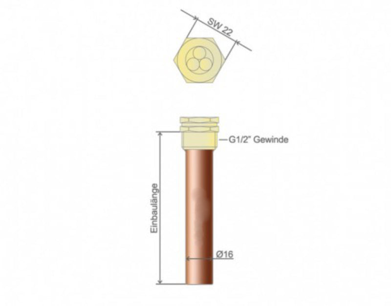 Tauchhülse Messing-Kupfer G1/2" für bis zu 3x 6mm Fühler, 100mm, 200mm, 250mm