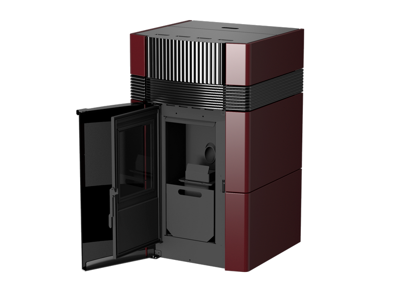 A++ Woody wasserführender Pelletofen 18 kW mit Bordeaux roter Keramikverkleidung