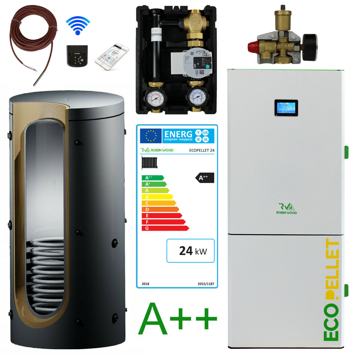 Complete set Robin Wood EcoPellet 24 kW + buffer storage 800 liters with a heat exchanger and accessories